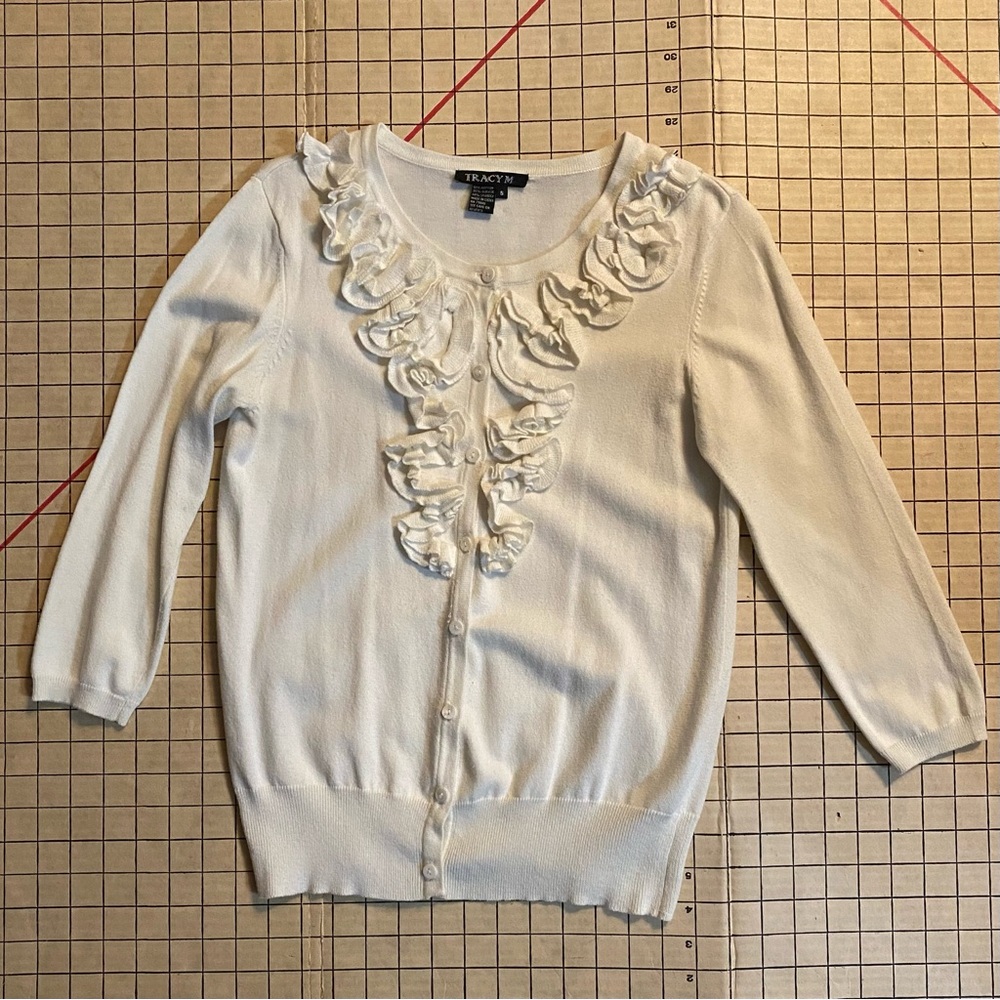 Tracy M cardigan sweater, embellished, size S, cream color dressy sweater